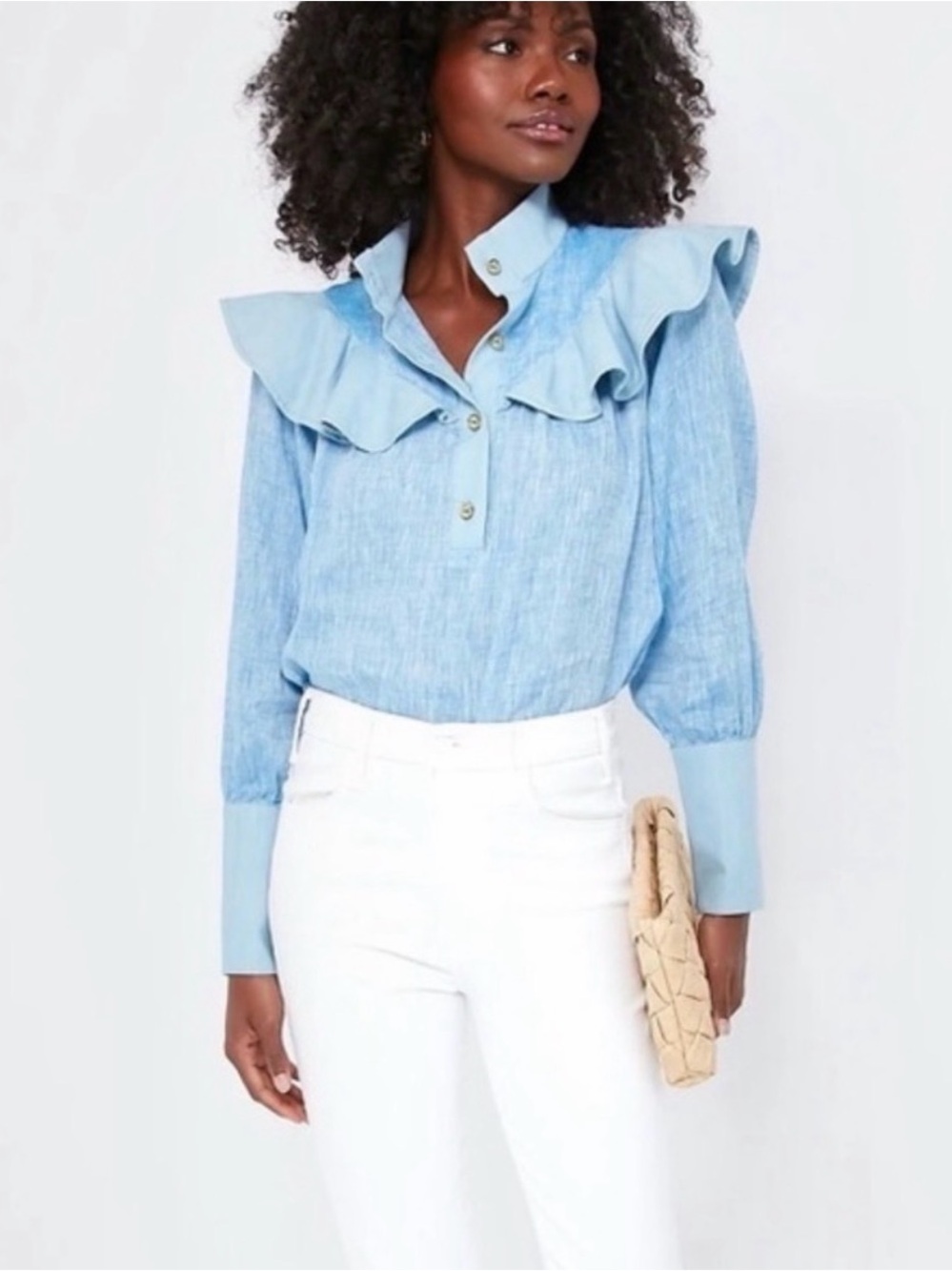 Light Blue Ruffle Collar Women's Blouse